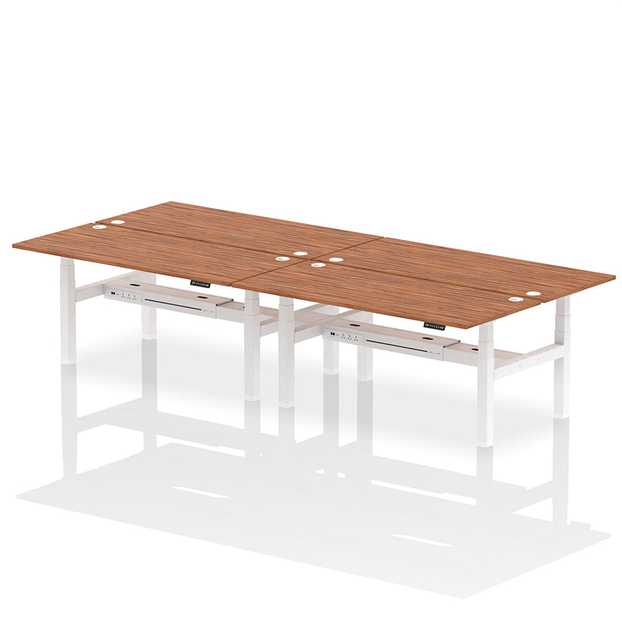 Air Back-to-Back Height Adjustable Bench Desk - 4 Person with cable ports W1800mm walnut top with white frame