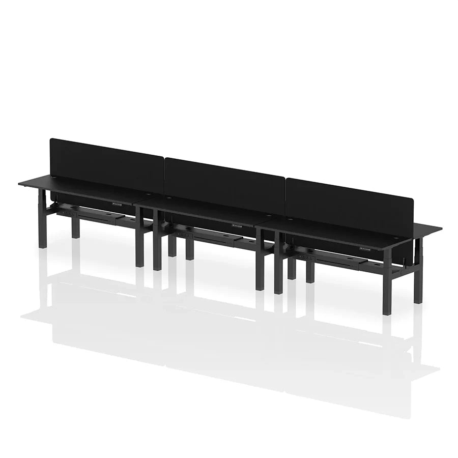 Air Back-to-Back Height Adjustable Bench Desk - 6 Person with cable ports and black straight screen W1800mm black top with black frame