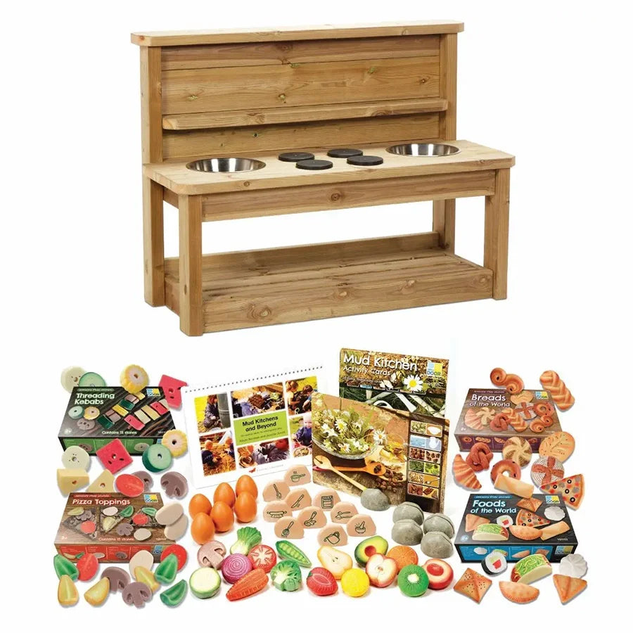 Large Mud Kitchen with Mud Kitchen Resources Kit plus 3 x clear tubs for storage
