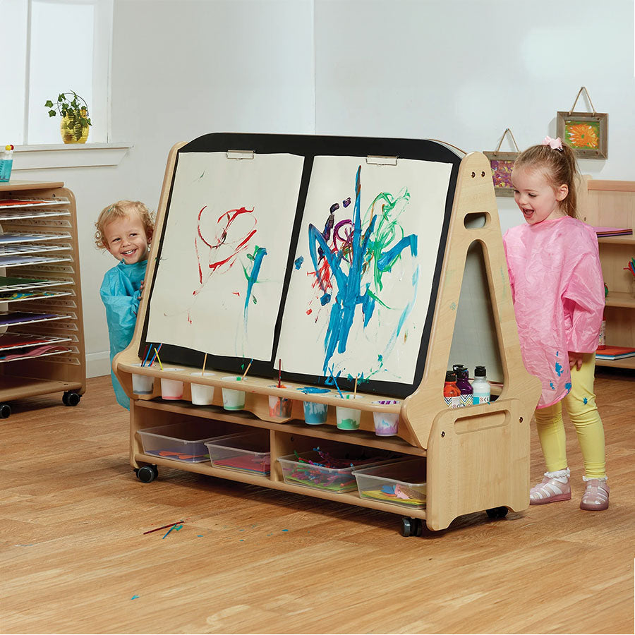 Double-sided 4 Station Easel with Low Storage Trolley (Chalkboard/Whiteboard)