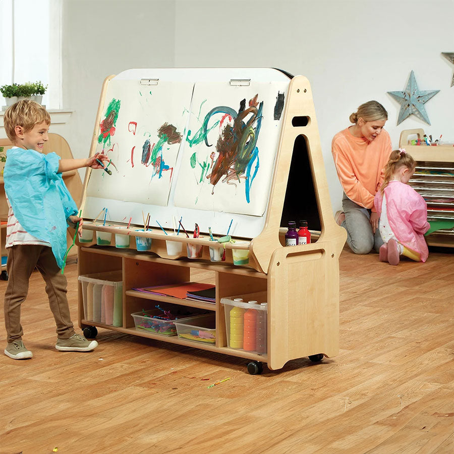 Double-sided 4 Station Easel with Tall Storage Trolley (Chalkboard/Whiteboard)