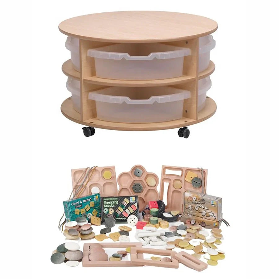 Double Tier Mobile Circular Storage Unit With 8 Clear Tubs or Baskets