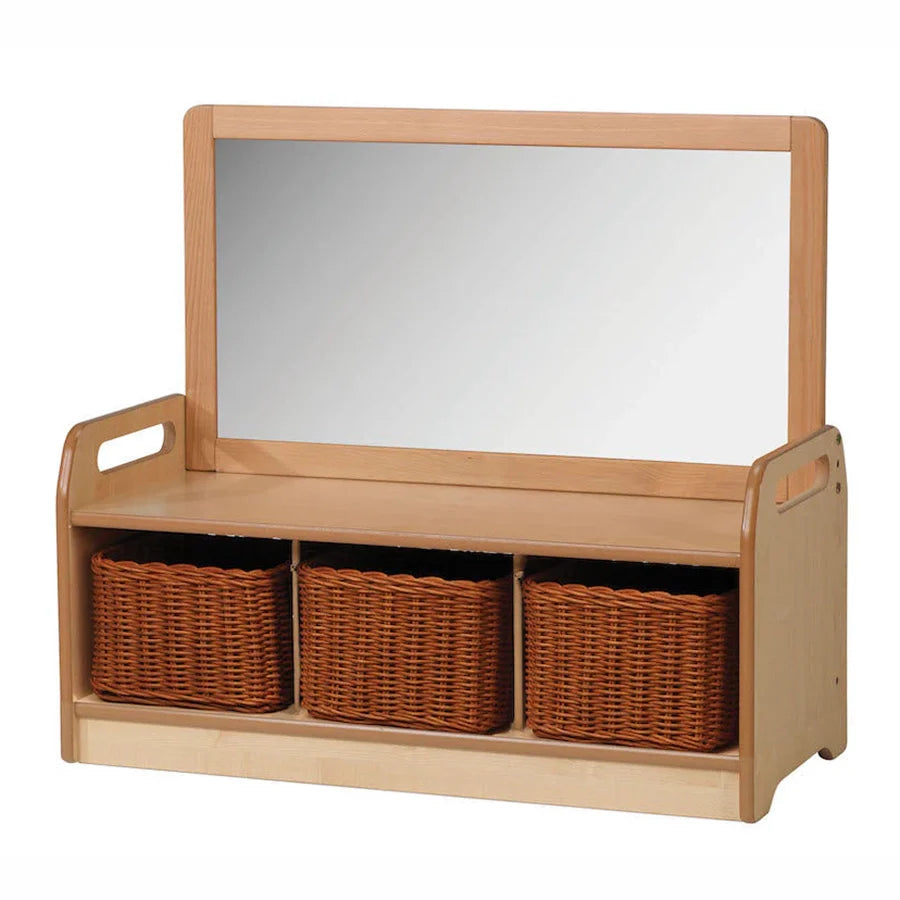 Low Mirror Storage Unit With 3 Clear Tubs or Baskets