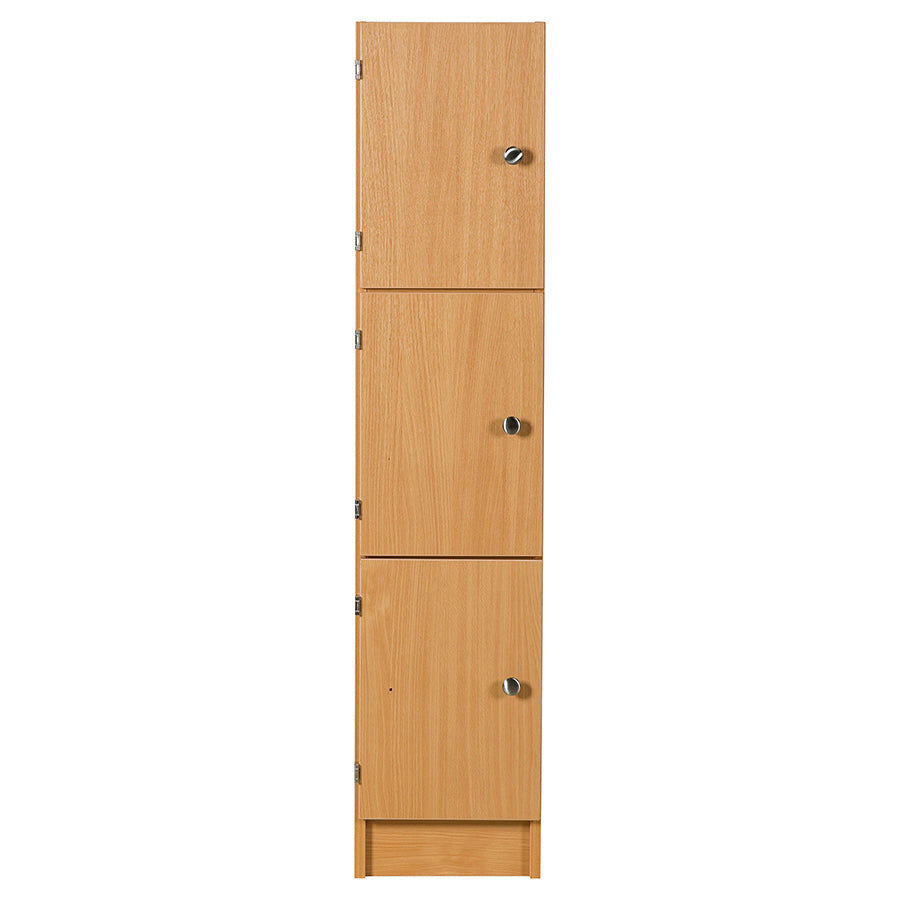 Primary Height Three Door Premium Wooden Locker - H1370mm Flat Top with knob handle front view