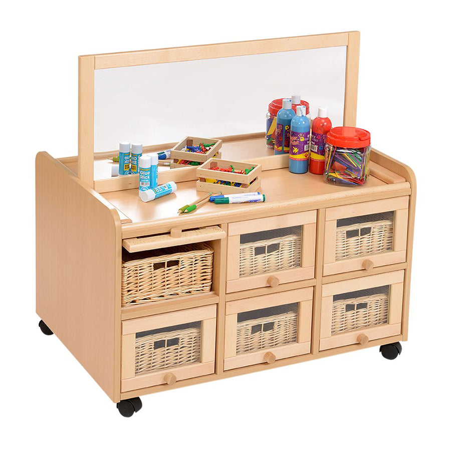 Double Sided Resource Unit With Doors On One Side With Mirror & Shallow Trays or Baskets