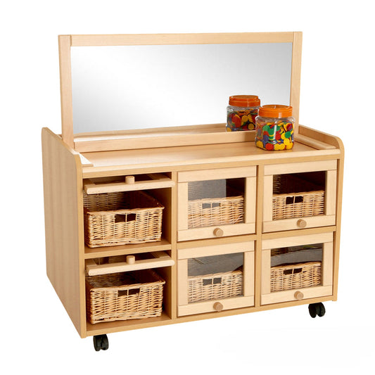 Double Sided Resource Unit With Doors On One Side With Mirror & Shallow Trays or Baskets