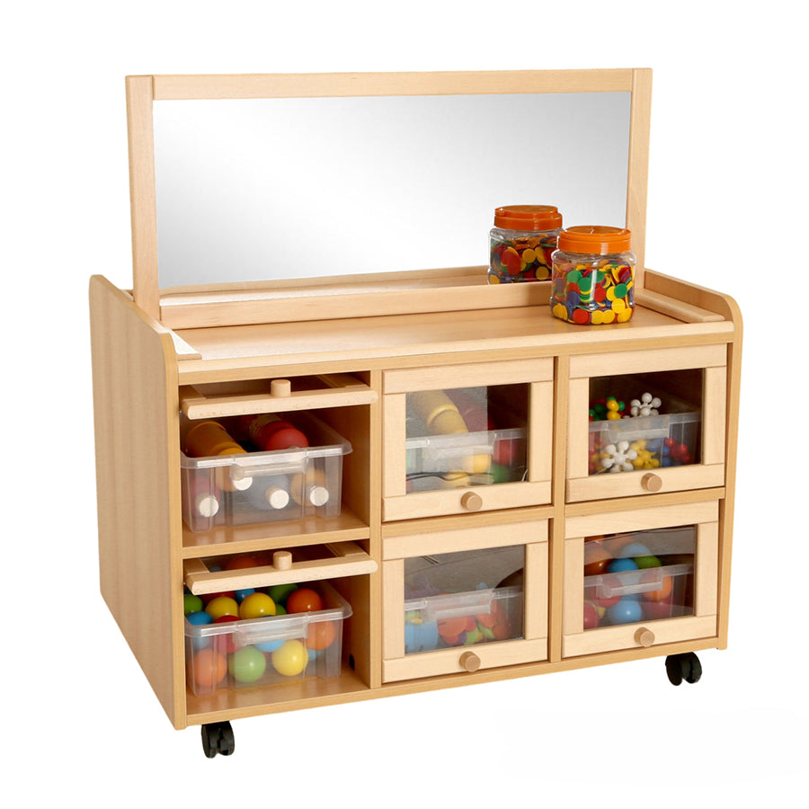 Double Sided Resource Unit With Doors On One Side With Mirror & Shallow Trays or Baskets