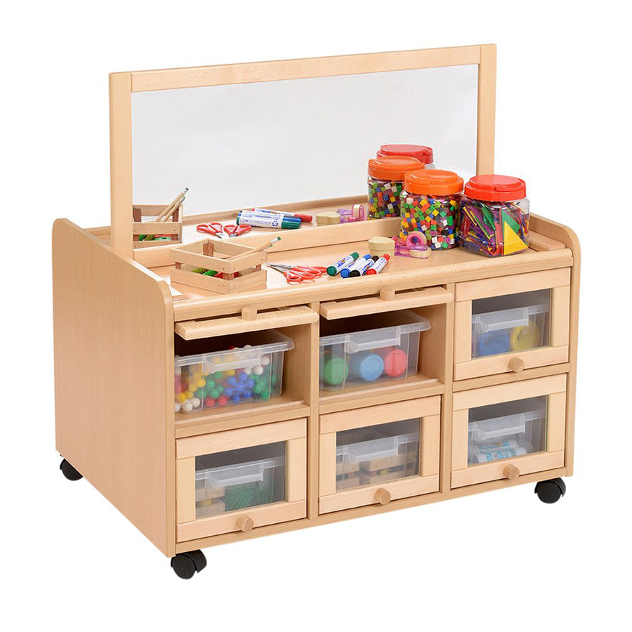 Double Sided Resource Unit With Doors On One Side With Mirror & Shallow Trays or Baskets