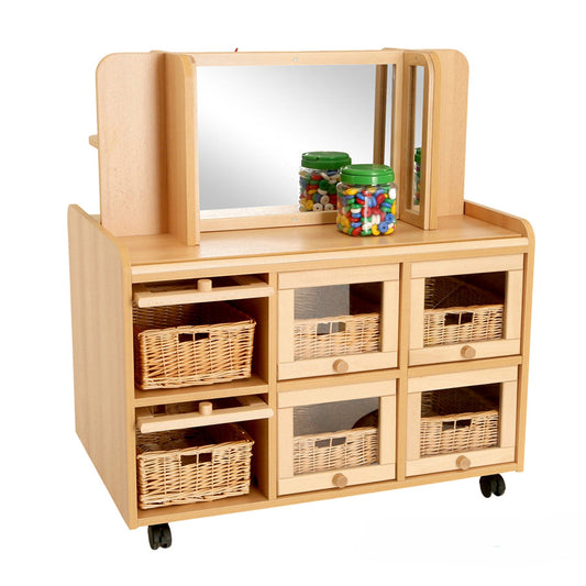 Double Sided Resource Unit With Doors On One Side & Storage/Mirror & Shallow Trays or Baskets