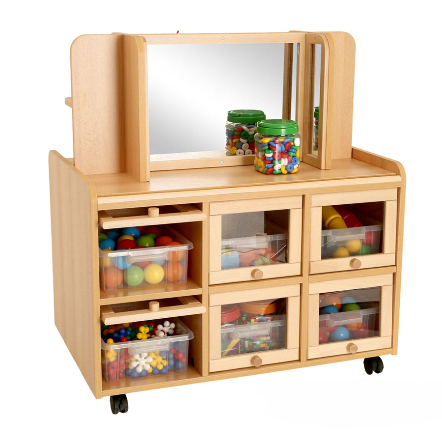 Double Sided Resource Unit With Doors On One Side & Storage/Mirror & Shallow Trays or Baskets