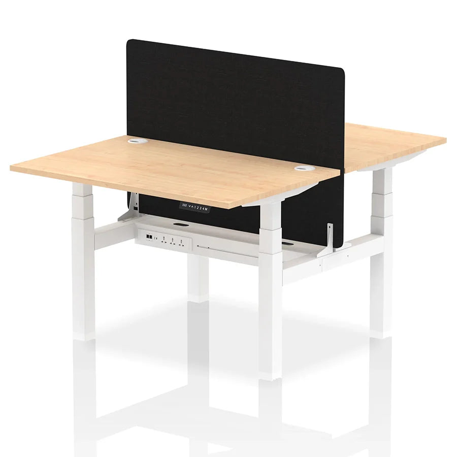 Air Back-to-Back Height Adjustable Bench Desk - 2 Person with Black Straight Screen W1200mm maple top and white frame
