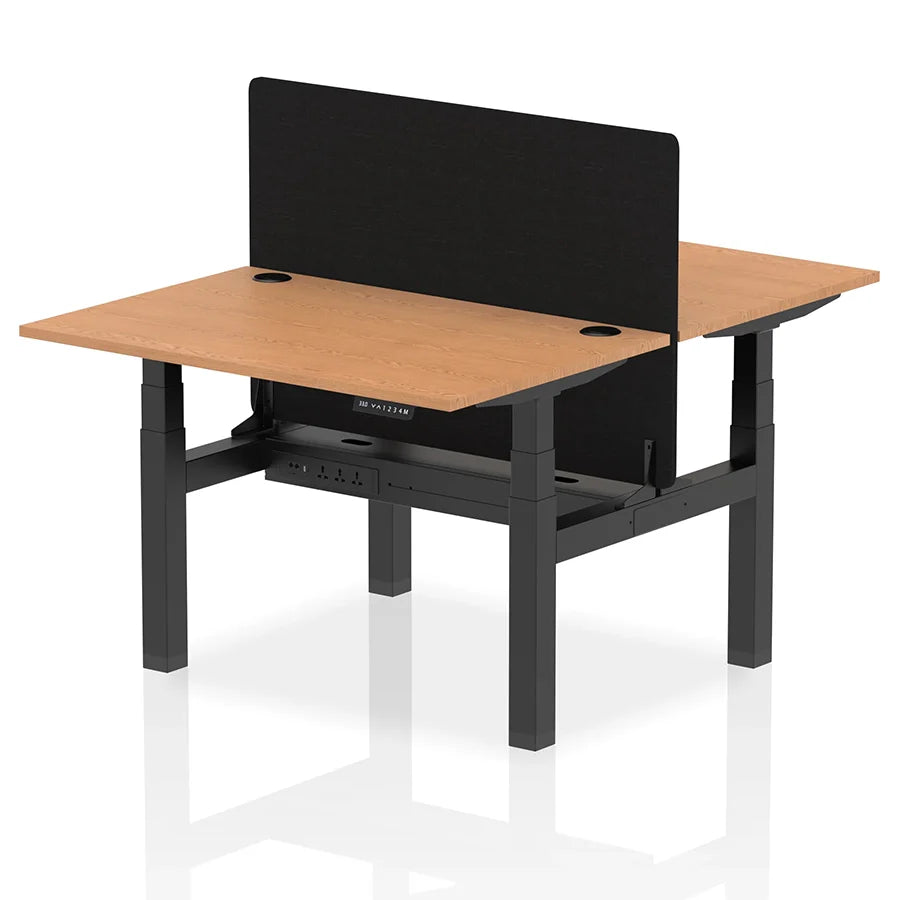 Air Back-to-Back Height Adjustable Bench Desk - 2 Person with Black Straight Screen W1200mm oak top and black frame