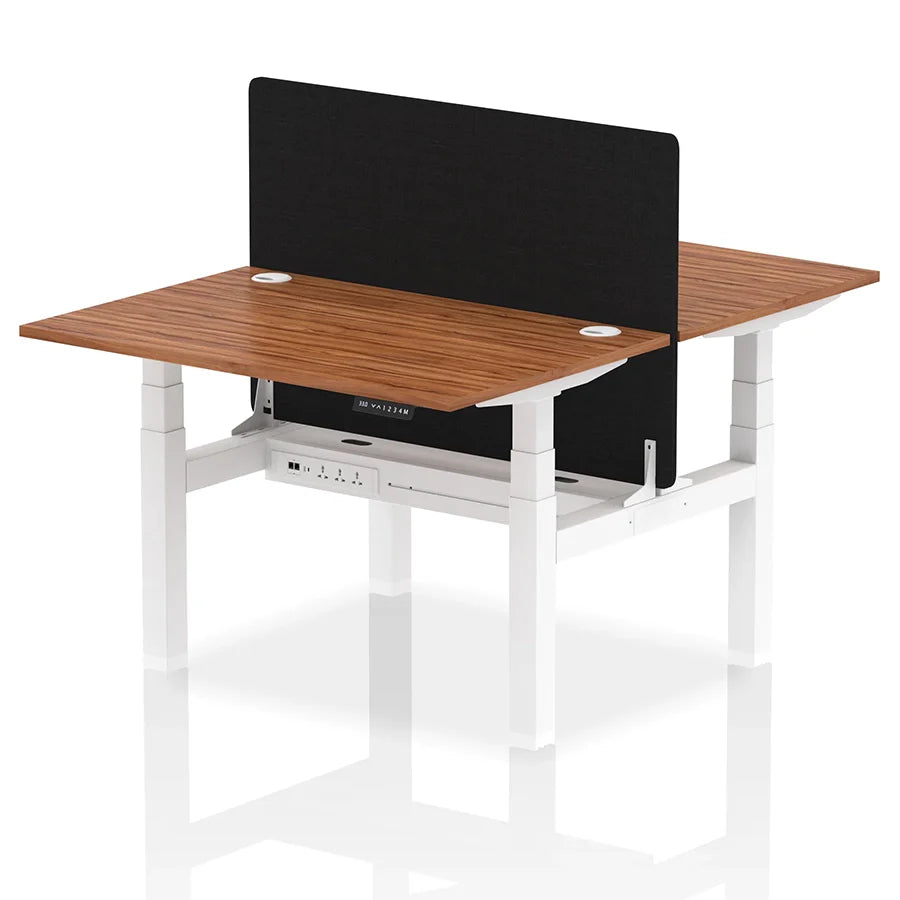 Air Back-to-Back Height Adjustable Bench Desk - 2 Person with Black Straight Screen W1200mm walnut top and white frame