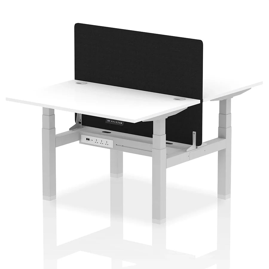 Air Back-to-Back Height Adjustable Bench Desk - 2 Person with Black Straight Screen W1200mm white top and silver frame