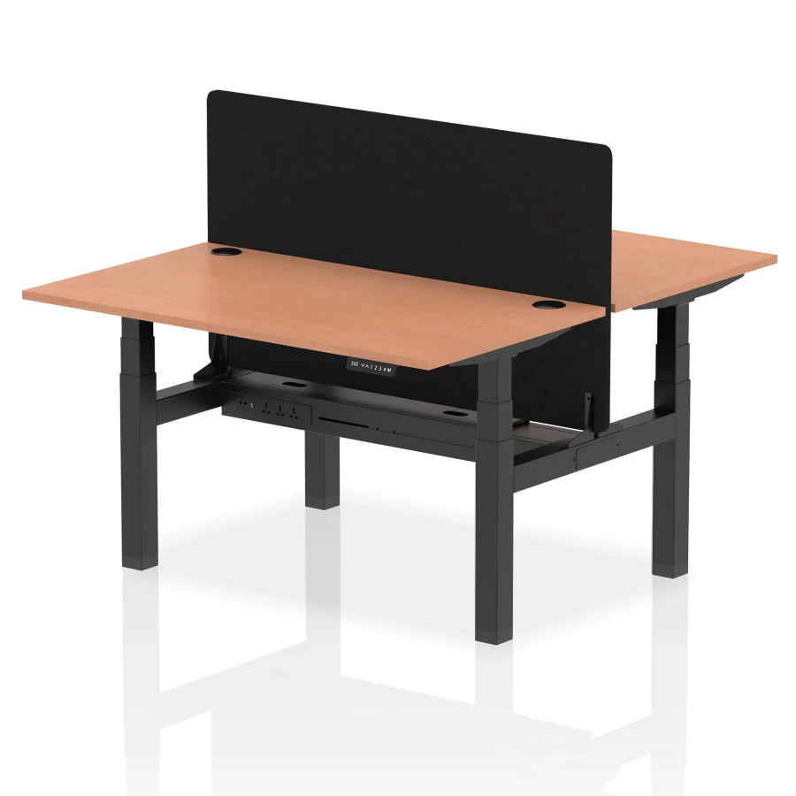 Air Back-to-Back Height Adjustable Bench Desk - 2 Person with Black Straight Screen W1400mm beech top and black frame