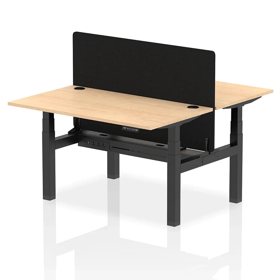 Air Back-to-Back Height Adjustable Bench Desk - 2 Person with Black Straight Screen W1400mm maple top and black frame