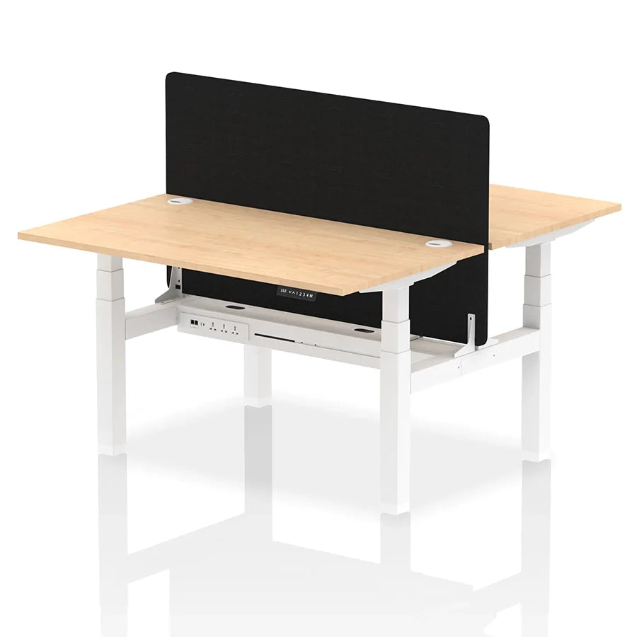Air Back-to-Back Height Adjustable Bench Desk - 2 Person with Black Straight Screen W1400mm maple top and white frame