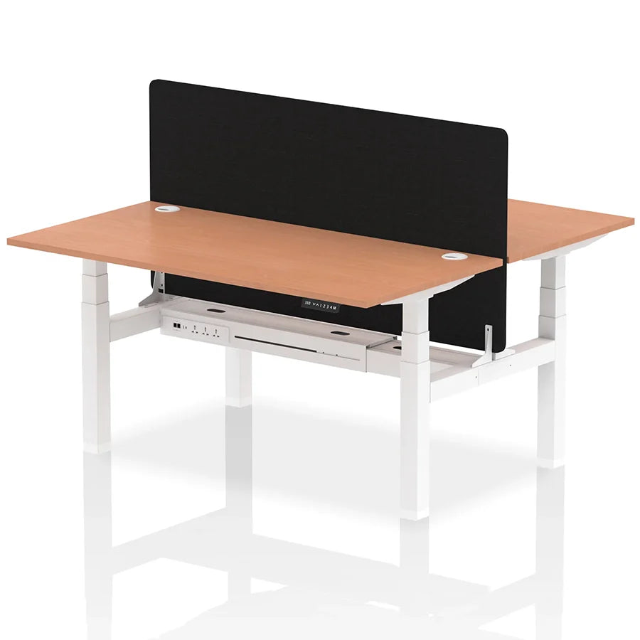Air Back-to-Back Height Adjustable Bench Desk - 2 Person with Black Straight Screen W1600mm beech top and white frame