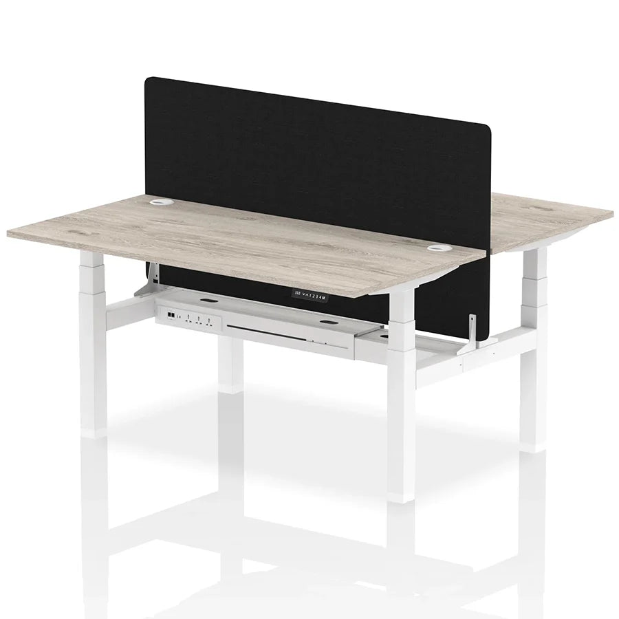 Air Back-to-Back Height Adjustable Bench Desk - 2 Person with Black Straight Screen W1600mm grey oak top and white frame