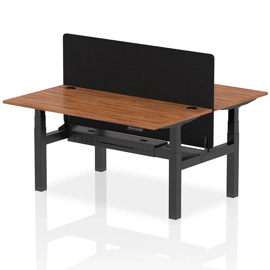 Air Back-to-Back Height Adjustable Bench Desk - 2 Person with Black Straight Screen W1600mm walnut top and black frame