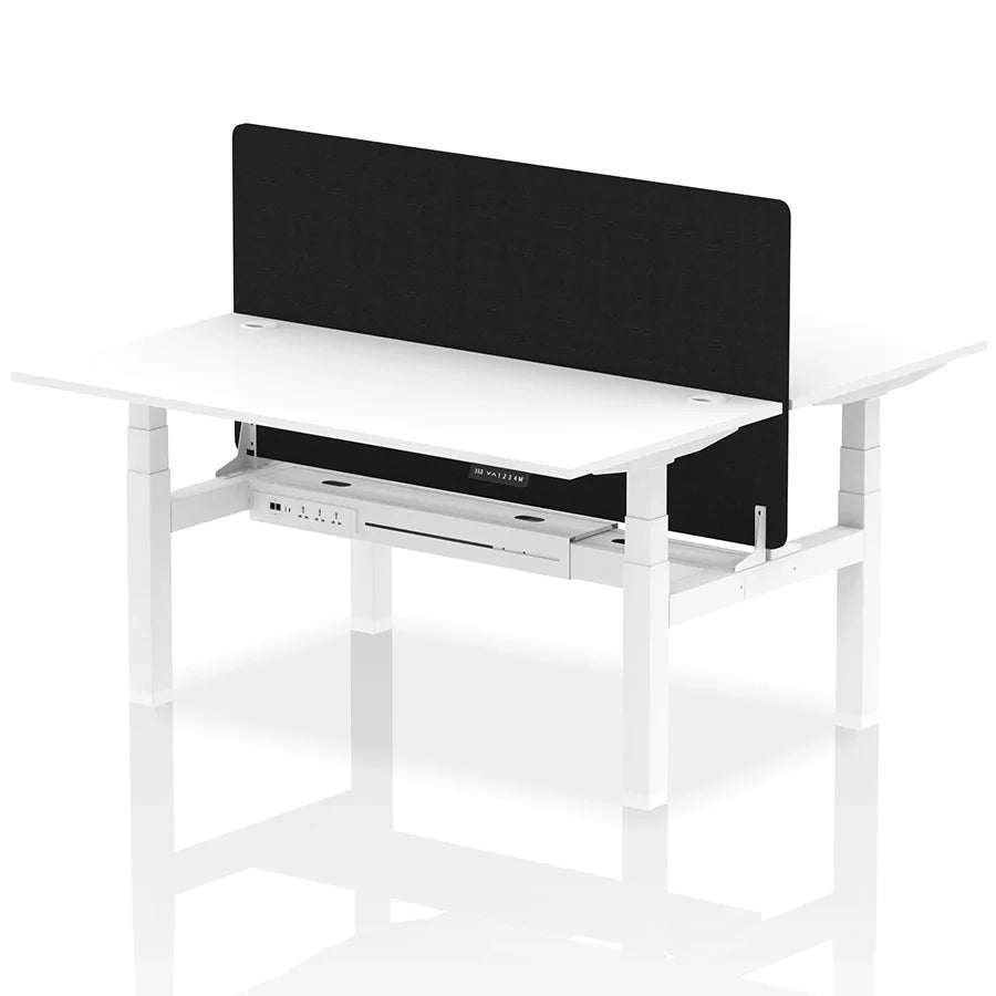 Air Back-to-Back Height Adjustable Bench Desk - 2 Person with Black Straight Screen W1600mm white top and white frame