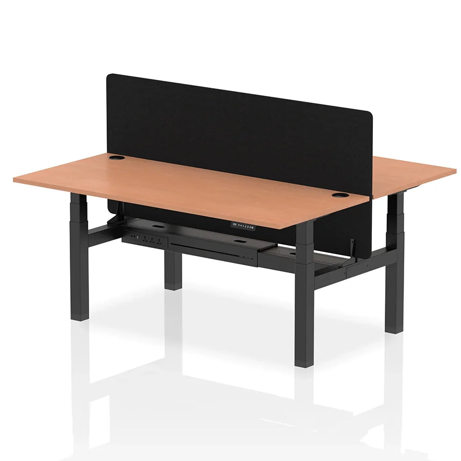 Air Back-to-Back Height Adjustable Bench Desk - 2 Person with Black Straight Screen W1800mm beech top and black frame