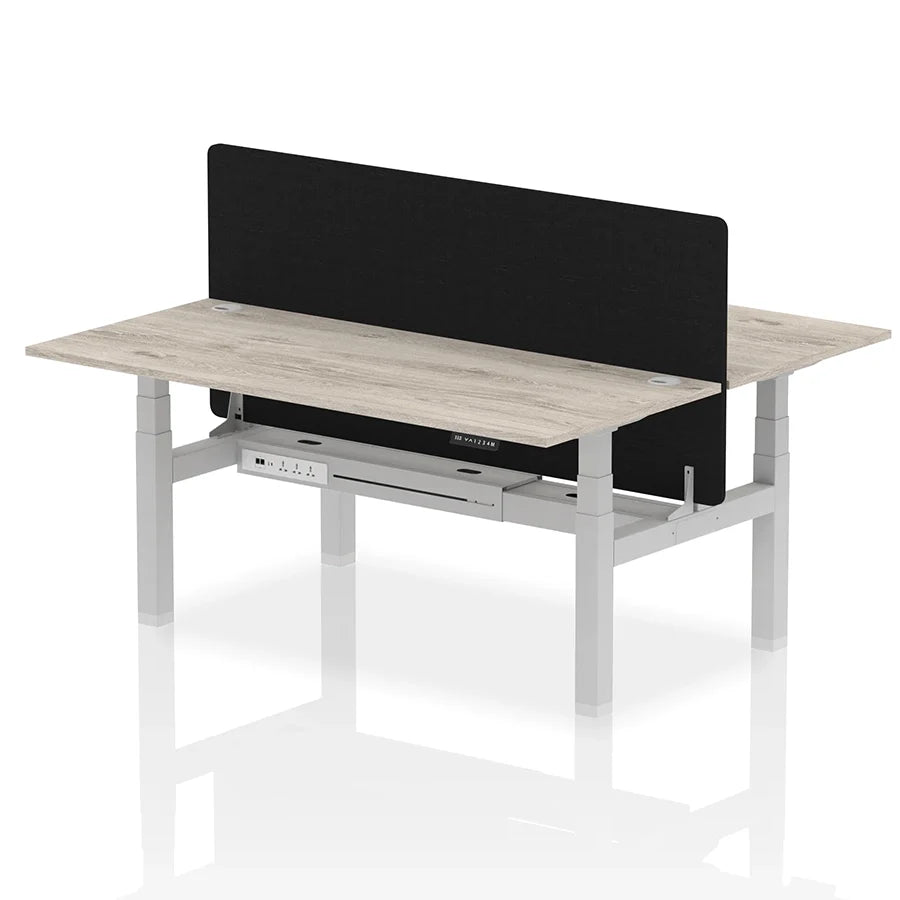 Air Back-to-Back Height Adjustable Bench Desk - 2 Person with Black Straight Screen W1800mm grey oak top and silver frame