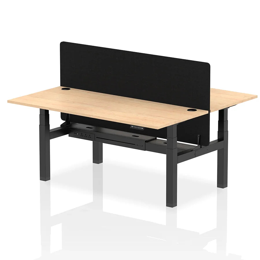 Air Back-to-Back Height Adjustable Bench Desk - 2 Person with Black Straight Screen W1800mm maple top and black frame
