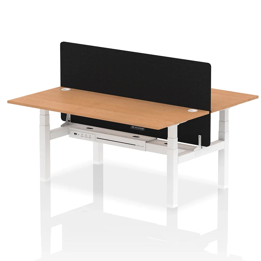 Air Back-to-Back Height Adjustable Bench Desk - 2 Person with Black Straight Screen W1800mm oak top and white frame