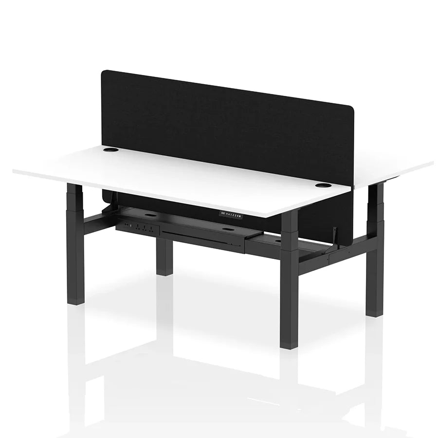 Air Back-to-Back Height Adjustable Bench Desk - 2 Person with Black Straight Screen W1800mm white top and black frame