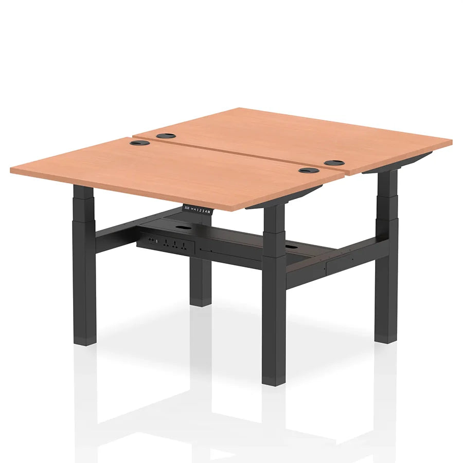 Air Back-to-Back Height Adjustable Bench Desk - 2 Person with cable ports W1200mm beech top with black frame