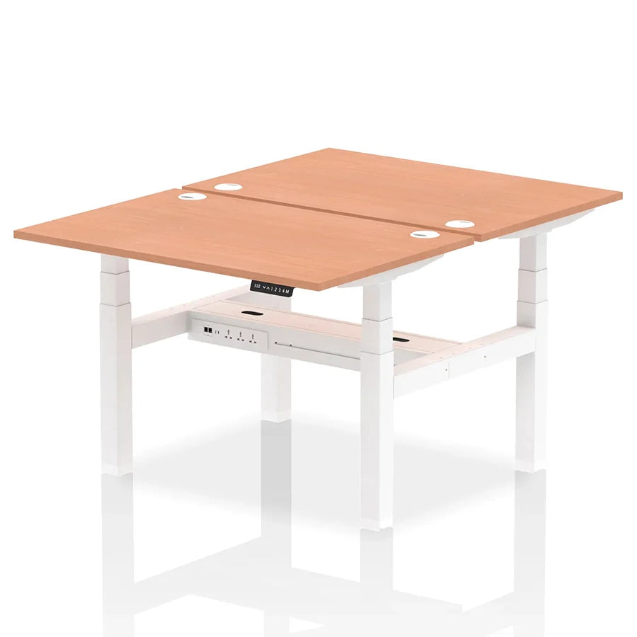 Air Back-to-Back Height Adjustable Bench Desk - 2 Person with cable ports W1200mm beech top with white frame
