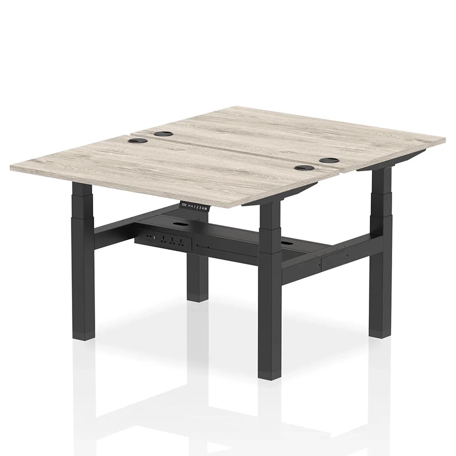 Air Back-to-Back Height Adjustable Bench Desk - 2 Person with cable ports W1200mm grey oak top with black frame