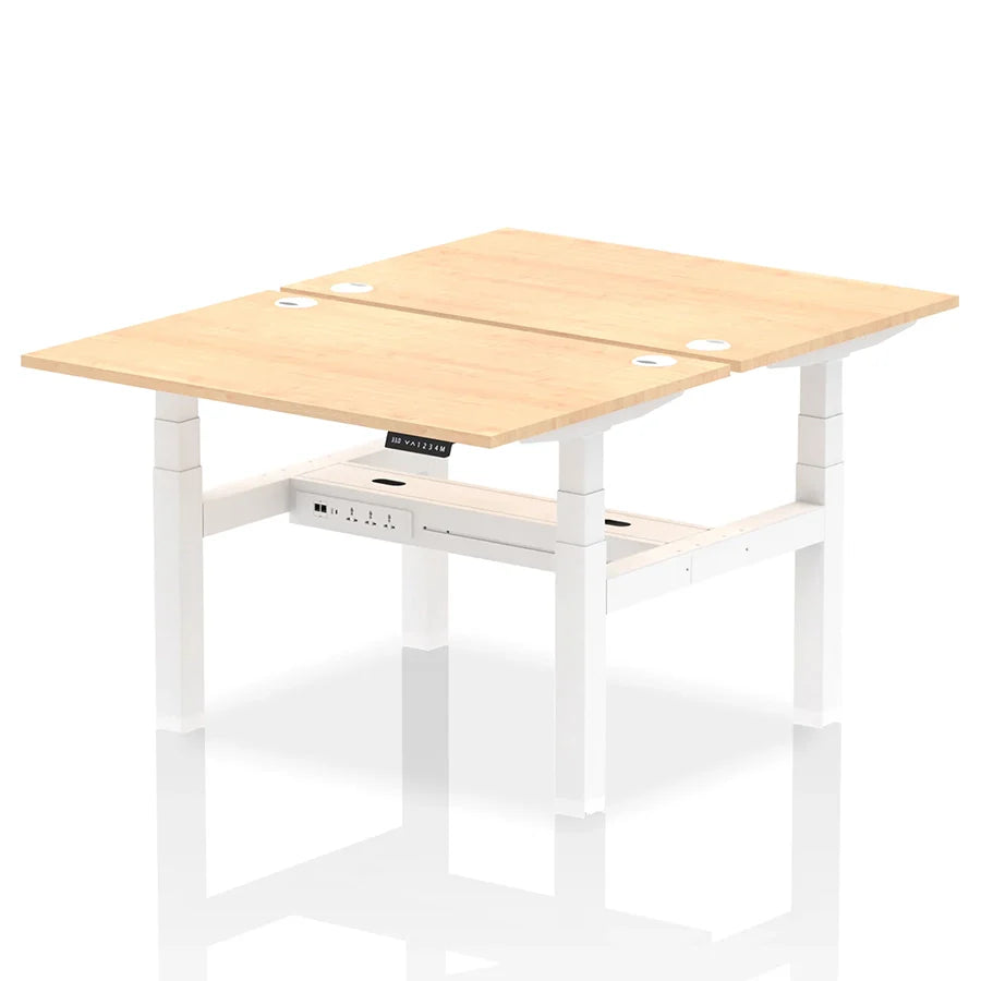 Air Back-to-Back Height Adjustable Bench Desk - 2 Person with cable ports W1200mm maple top with white frame