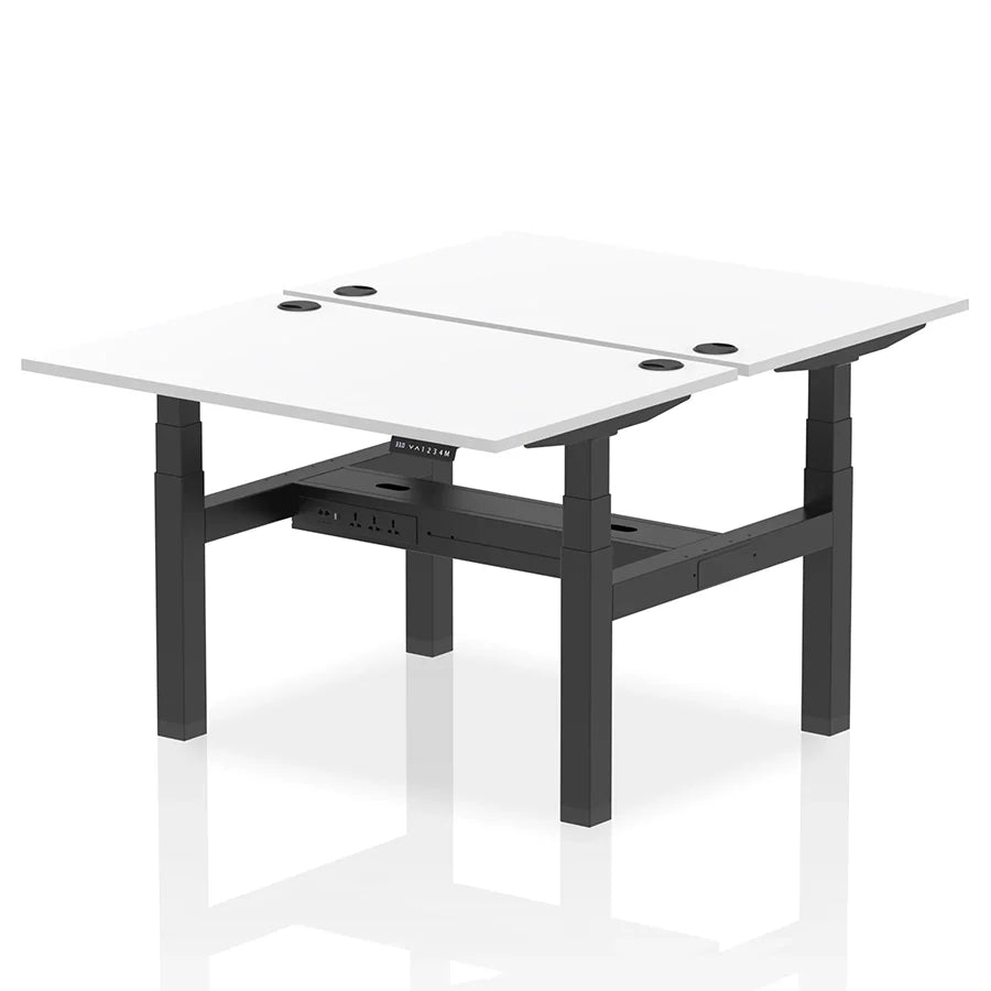 Air Back-to-Back Height Adjustable Bench Desk - 2 Person with cable ports W1200mm white top with black frame