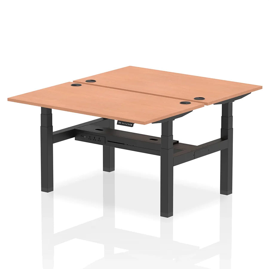 Air Back-to-Back Height Adjustable Bench Desk - 2 Person with cable ports W1400mm beech top with black frame