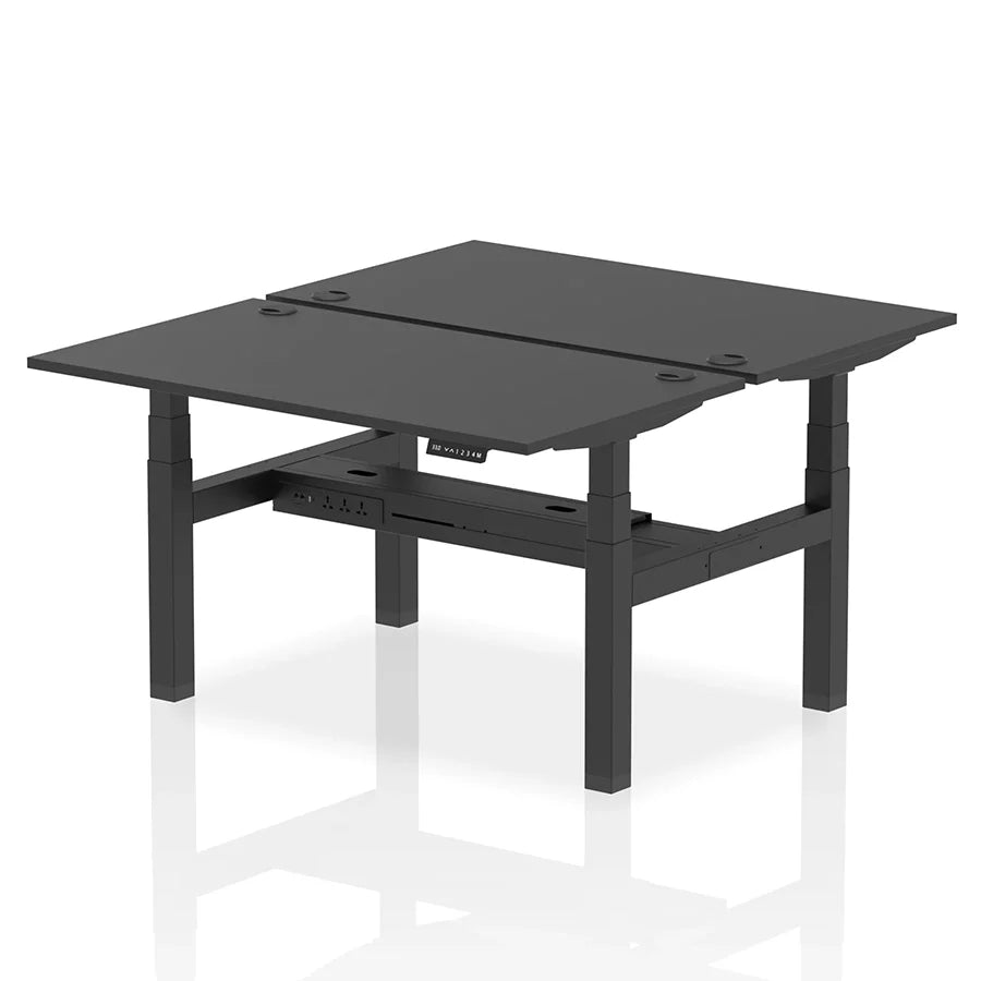 Air Back-to-Back Height Adjustable Bench Desk - 2 Person with cable ports W1400mm black top with black frame
