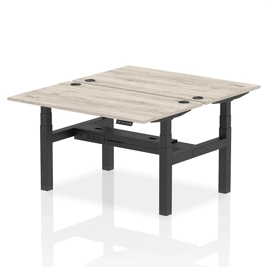 Air Back-to-Back Height Adjustable Bench Desk - 2 Person with cable ports W1400mm grey oak top with black frame