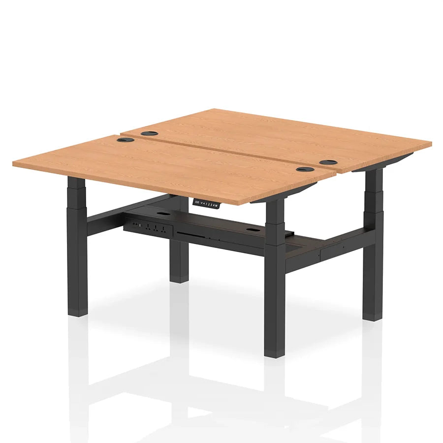 Air Back-to-Back Height Adjustable Bench Desk - 2 Person with cable ports W1400mm oak top with black frame