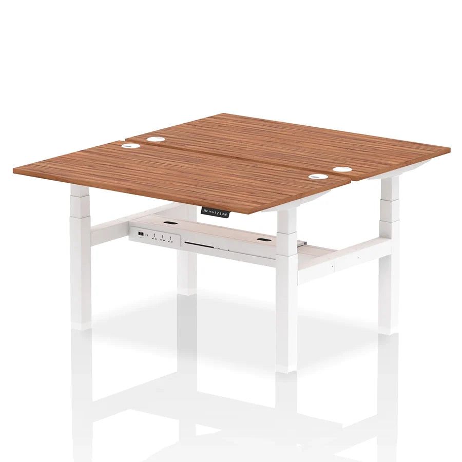 Air Back-to-Back Height Adjustable Bench Desk - 2 Person with cable ports W1400mm walnut top with white frame