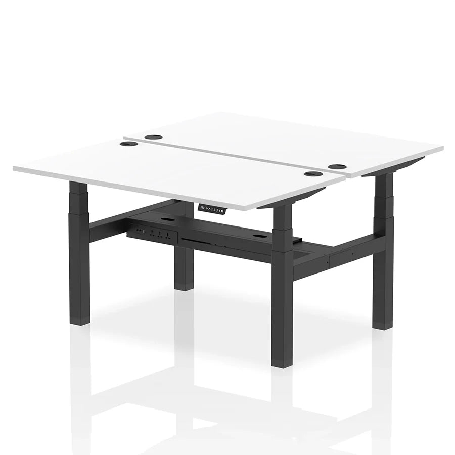 Air Back-to-Back Height Adjustable Bench Desk - 2 Person with cable ports W1400mm white top with black frame