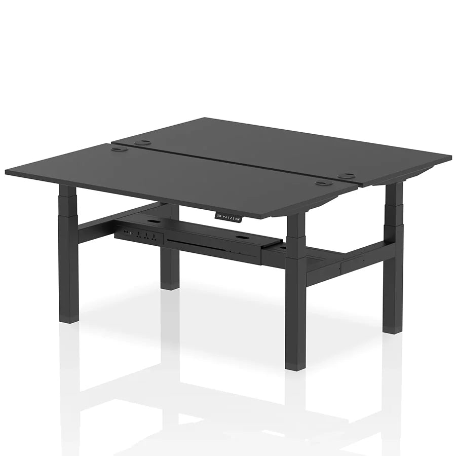 Air Back-to-Back Height Adjustable Bench Desk - 2 Person with cable ports W1600mm black top with black frame