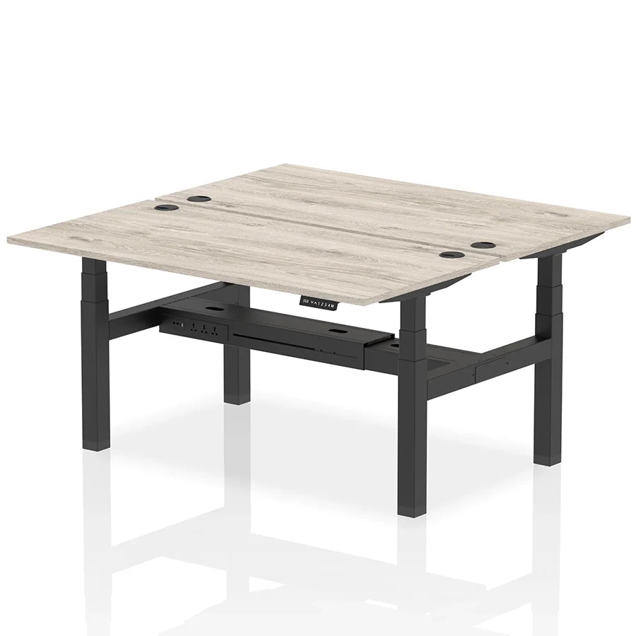 Air Back-to-Back Height Adjustable Bench Desk - 2 Person with cable ports W1600mm grey oak top with black frame