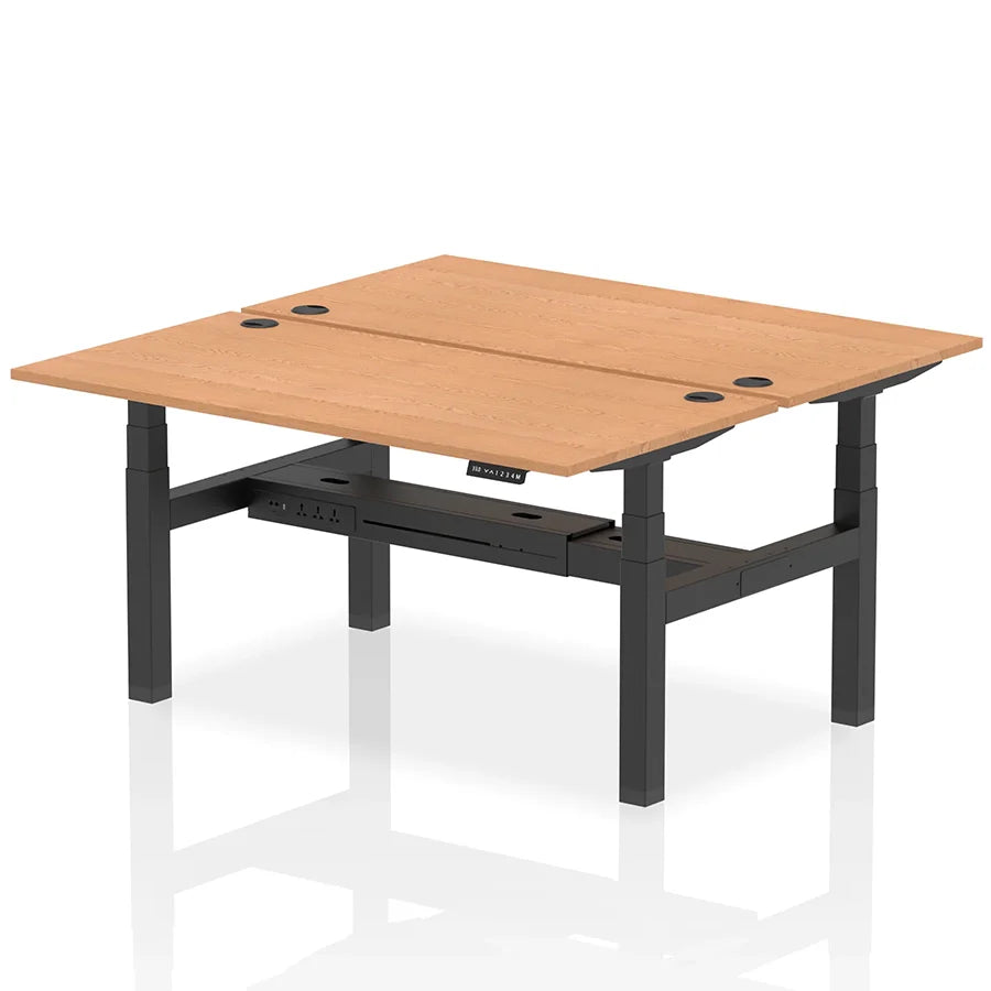 Air Back-to-Back Height Adjustable Bench Desk - 2 Person with cable ports W1600mm oak top with black frame