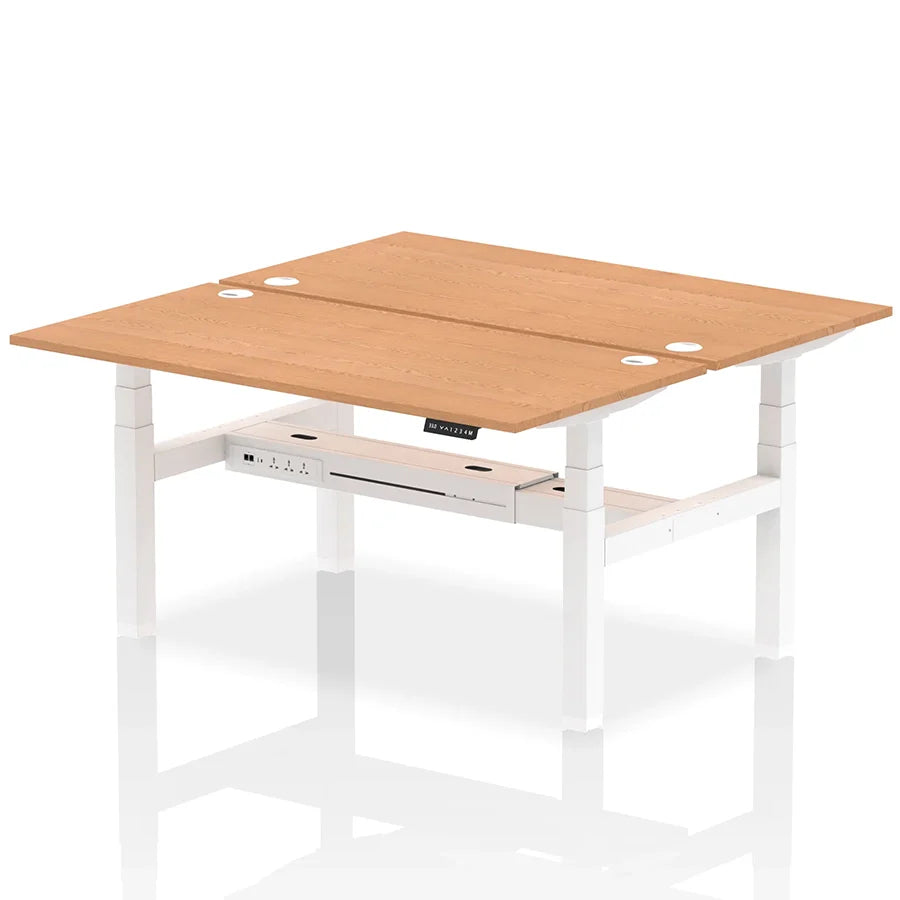 Air Back-to-Back Height Adjustable Bench Desk - 2 Person with cable ports W1600mm oak top with white frame