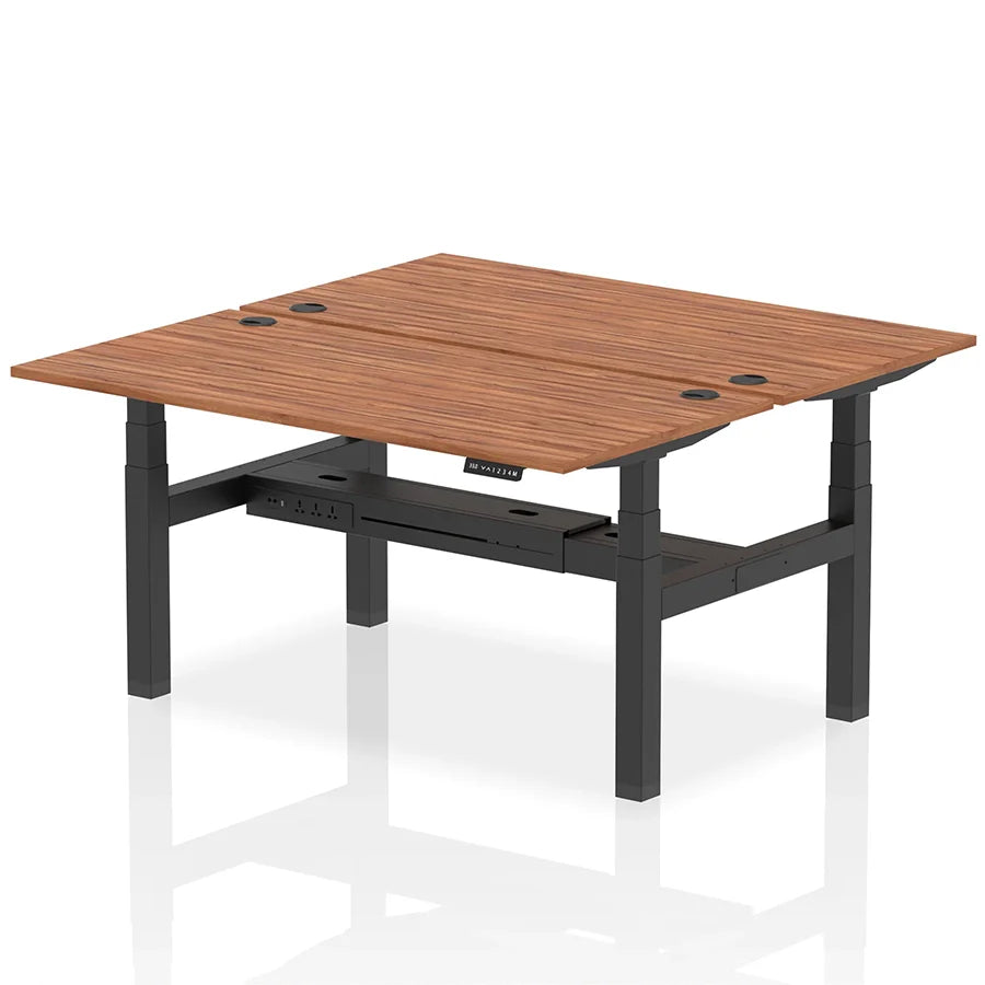 Air Back-to-Back Height Adjustable Bench Desk - 2 Person with cable ports W1600mm walnut top with black frame