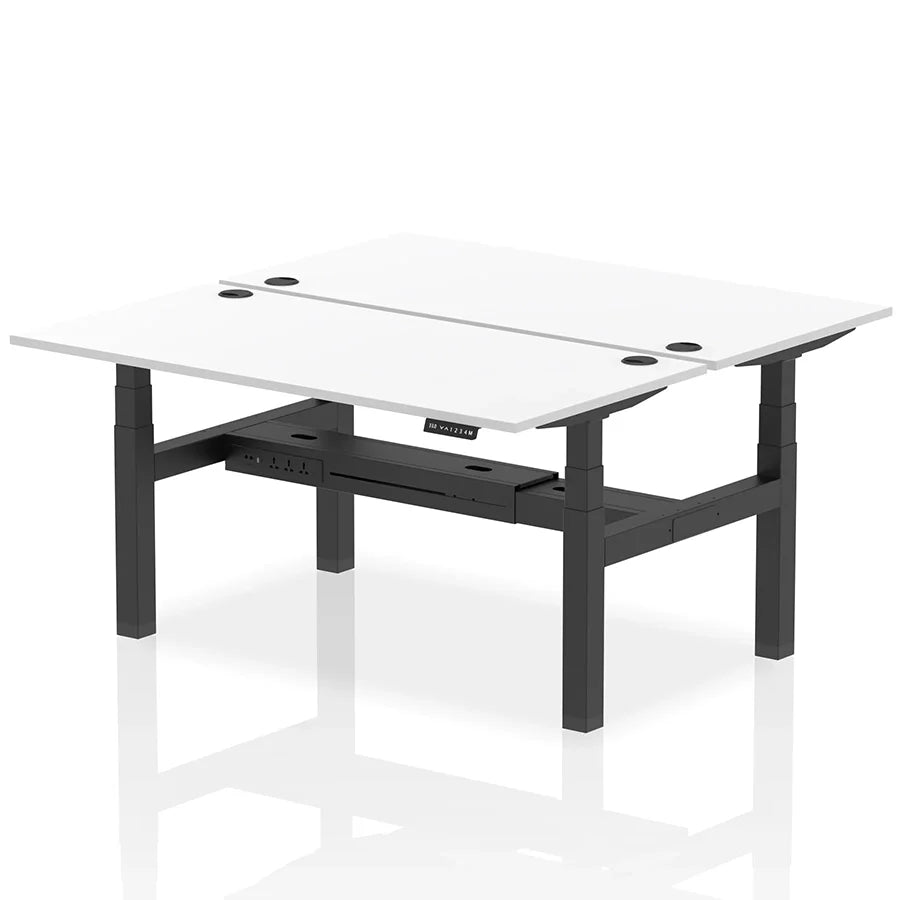 Air Back-to-Back Height Adjustable Bench Desk - 2 Person with cable ports W1600mm white top with black frame