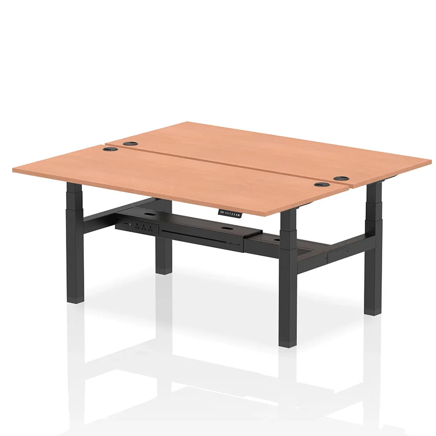 Air Back-to-Back Height Adjustable Bench Desk - 2 Person with cable ports W1800mm beech top with black frame