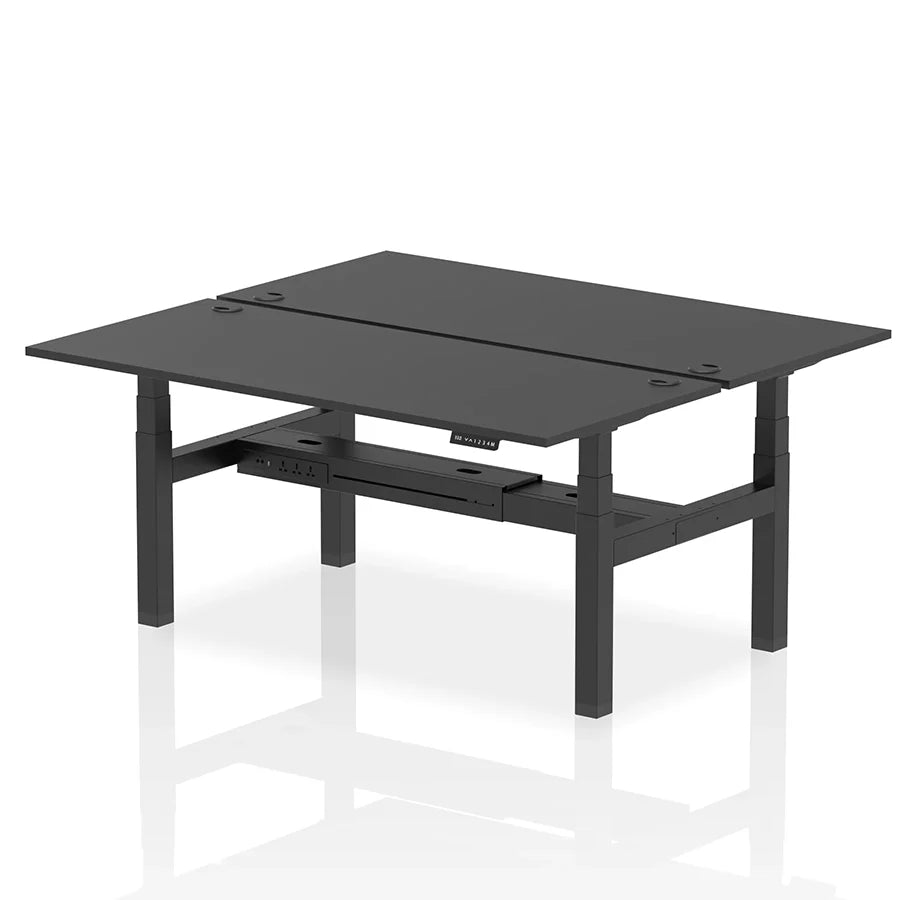 Air Back-to-Back Height Adjustable Bench Desk - 2 Person with cable ports W1800mm black top with black frame