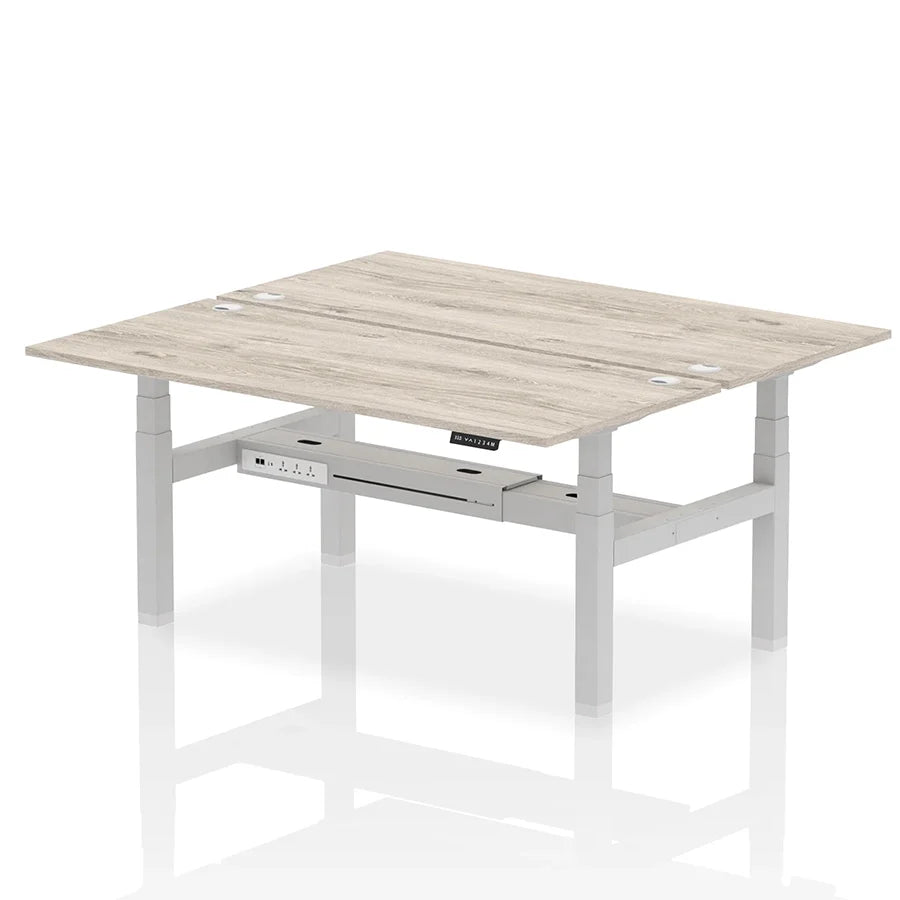 Air Back-to-Back Height Adjustable Bench Desk - 2 Person with cable ports W1800mm grey oak top with silver frame